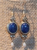 925 Sterling Earrings with Lapis & Cultured Pearl