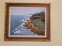 Oil on Canvas Lighthouse Painting in Gilt Frame