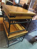 (2X) SOLID WOOD W/WROUGHT IRON BASE END TABLES