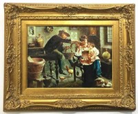 Oil Painting, Family Scene, Feeding a Baby.