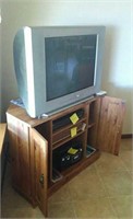 Sony TV, Wooden Cabinet with Cassettes, & Radio