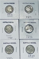 6 Buffalo Nickels (various dates)