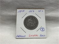 1853 US SILVER SEATED QUARTER VF+ ARROWS/RAYS