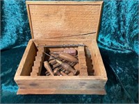 SMALL WOODEN BOX WITH EARLY HAND TOOLS