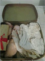 Vintage Carry Case with old Doll Clothes & Doll
