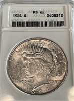 1924 ms 62 ANACS Peace Silver Dollar