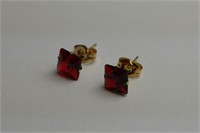 10k Gold w/ Ruby Princess Cut Stud Earrings