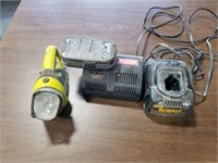 Ryobi charger, battery, light, & dewalt charger