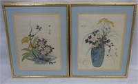 Pair of Oriental Asian Painting on Silk- Flowers