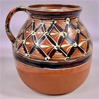 Red ware pot, glazed design on top, 7" dia., 7" T,