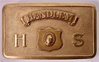 Handley High School belt buckle, brass, 1.75" x