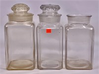 3 apothecary jars, 2 have ground tops, 5" square,