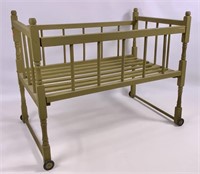 Doll bed, dowel sides with drop down veil, painted
