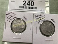 2 Vtg World WarII Era Aluminum 1 Franc Coins