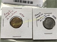 2 French World WarII Era 20 Centimes Coins