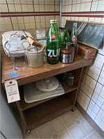 Microwave cart, jars, kitchen appliances