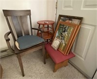 Chair, stools, paintings