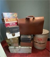Lard can, leather bag, metal boxes, cigar boxes