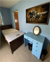 Twin bed, desk, velvet painting, clock