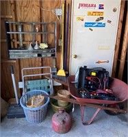 Wheel barrow, gas can, hardware