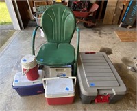 Metal lawn chair, tote, coolers, bird feeder