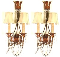 PAIR OF GILT METAL & CRYSTAL WALL SCONCES