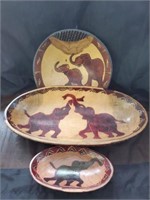 3 Carved Wooden Elephant Bowls