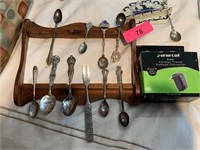 LOT OF MISC SOUVENIR SPOONS AND HOLDER ETC