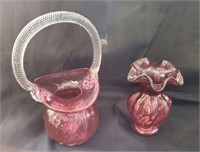 Fenton Cranberry Glass Basket & Vase
