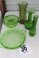 (5) pcs "Greens"/3 Vases, Covered Dish, One Plate