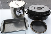 (3) Cake Pans, Stewer w/Lid, Roasting Pan w/Lid