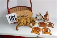 "Pig" Basket, "Bull" Planter, (4) Dog Ornaments -