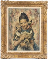 Lillian Cotton "Girl with Cats" Oil on Canvas