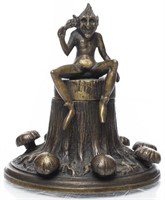 English Bronze Inkwell with Goblin and Mushrooms