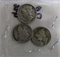 3 Mercury Silver Dimes 1920, 1928 & 1942-S