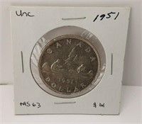 UNC 1951 CANADIAN SILVER ONE DOLLAR COIN