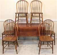 19th C. Cherry Dropleaf Dining Table, 6 Chairs