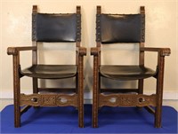 Pr. Ornate Leather Open Armchairs