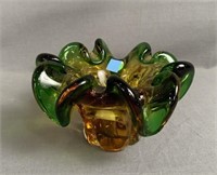 Green & Amber Art Glass Bowl