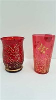 2 CRANBERRY GLASS HAND DECORATED SMALL GLASSES