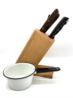 Small Enamel Pot and Knifeblock with Knives