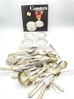 Coaster Set and Flatware (some silver plate)