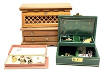 Wood Jewelry Box with Jewelry and (2) Jewelry