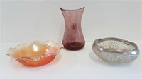 HAND BLOWN CRACKLE GLASS VASE + 2 SMALL DISHES