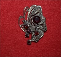 Vtg Sterling Silver Butterfly Brooch w/ Garnets &