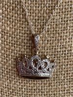 Sterling Silver Crown Necklace w/ White Stones
