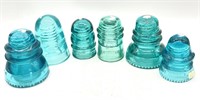 (6) Blue Glass Insulators - Hemingray 14, 40, 42,