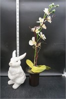 Fake Orchid Plant & Ceramic Bunny Décor