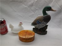 Lided Hen Dish, Duck Figure, Wooden Box w/Lid