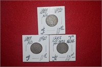 (3) 1883 Liberty V-Nickels   No "Cents" on Reverse